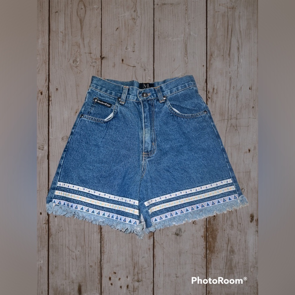 Vintage 90s Modern Edge Frayed Jean Shorts‎ Ribbon Trim Size 12